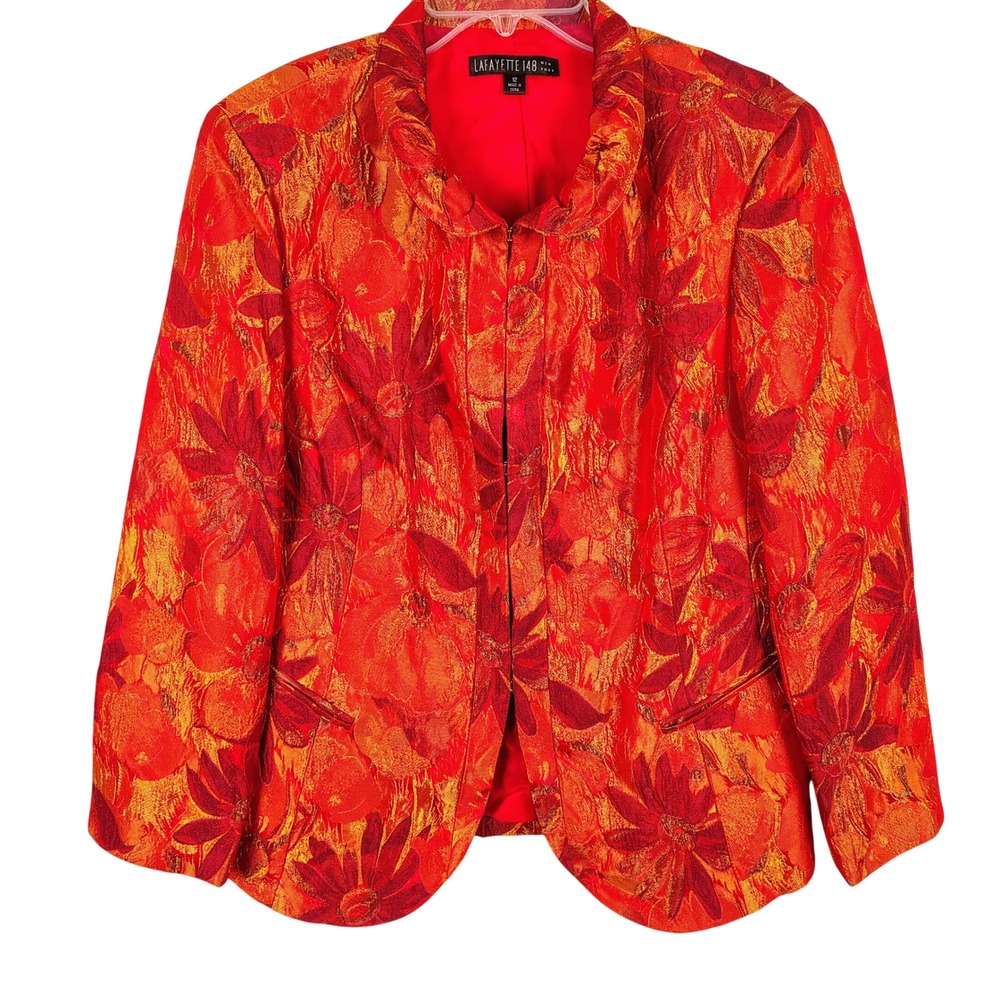 Lafayette 148 Womens 12 Floral Jacquard Blazer Red Orange Art to Wear Bold